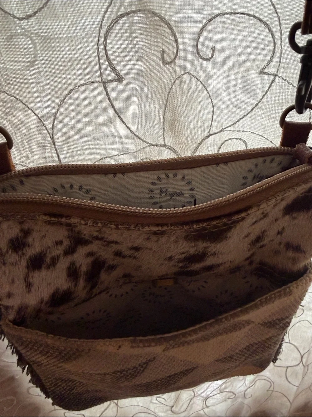 Cowhide & Aztec Pattern Crossbody Bag in Brown and Cream